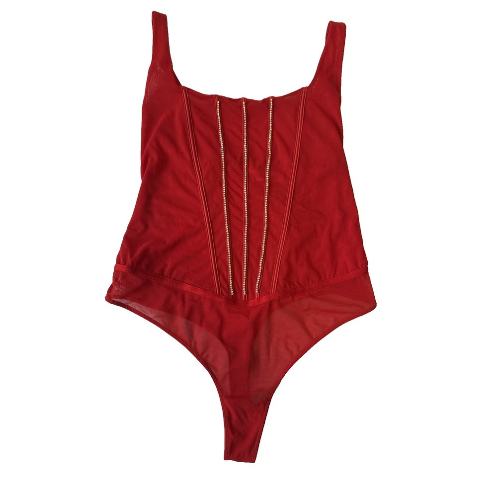 Auden Red Mesh‎ Rhinestone Studded Lingerie Thong Bodysuit Large Sexy Valentines